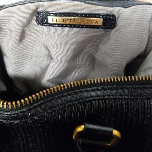 Elliott Lucca Black Patent Leather Handbag With Gold Accents Double Handle Bag - Picture 8 of 15